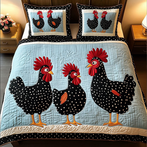Black White Hens 3-Piece Quilted Bedding Set NCU0NNT260