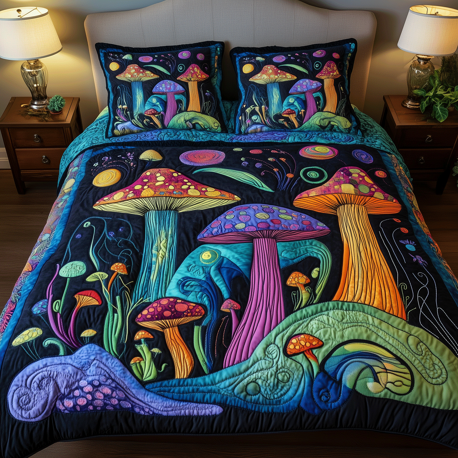 Bohemian Mushroom Meadow 3-Piece Quilted Bedding Set NCU0DQQ0690