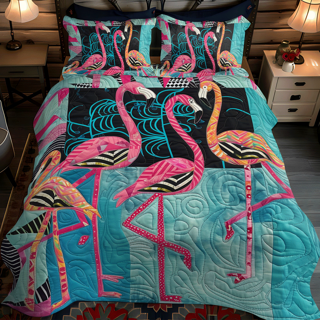 Flamingo Fantasy 3-Piece Quilted Bedding Set NCU0TL776