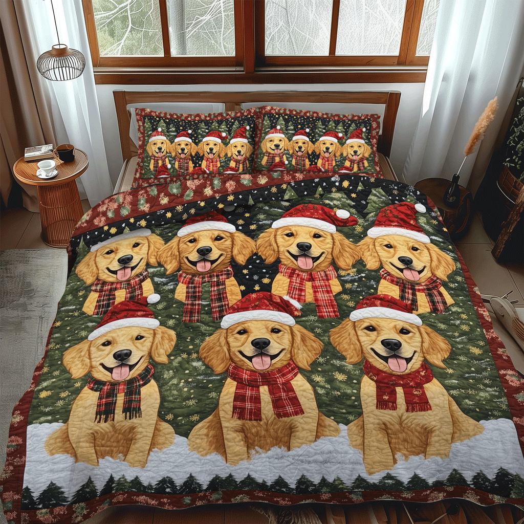 Golden Christmas 3-Piece Quilted Bedding Set NCU0TH1636