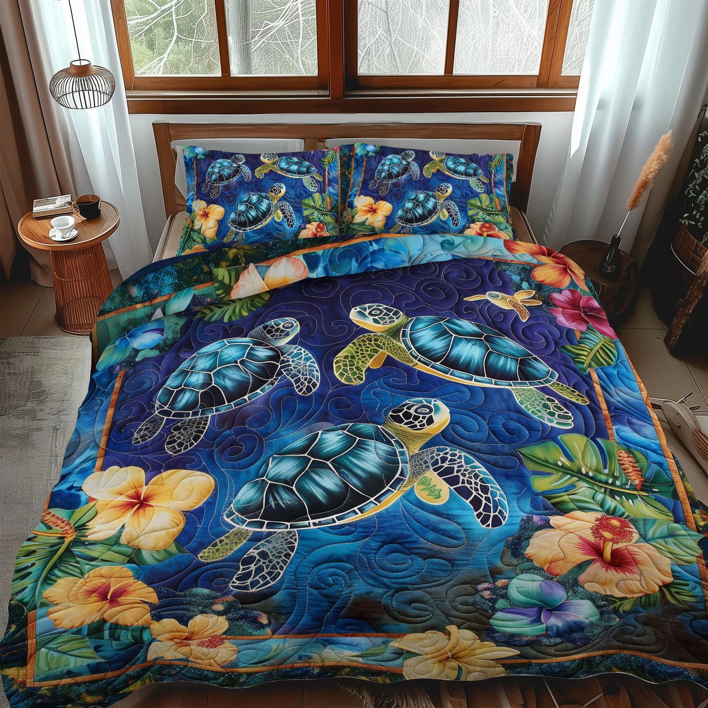 Hawaiian Bliss Turtle 3-Piece Quilted Bedding Set NCU0TL479