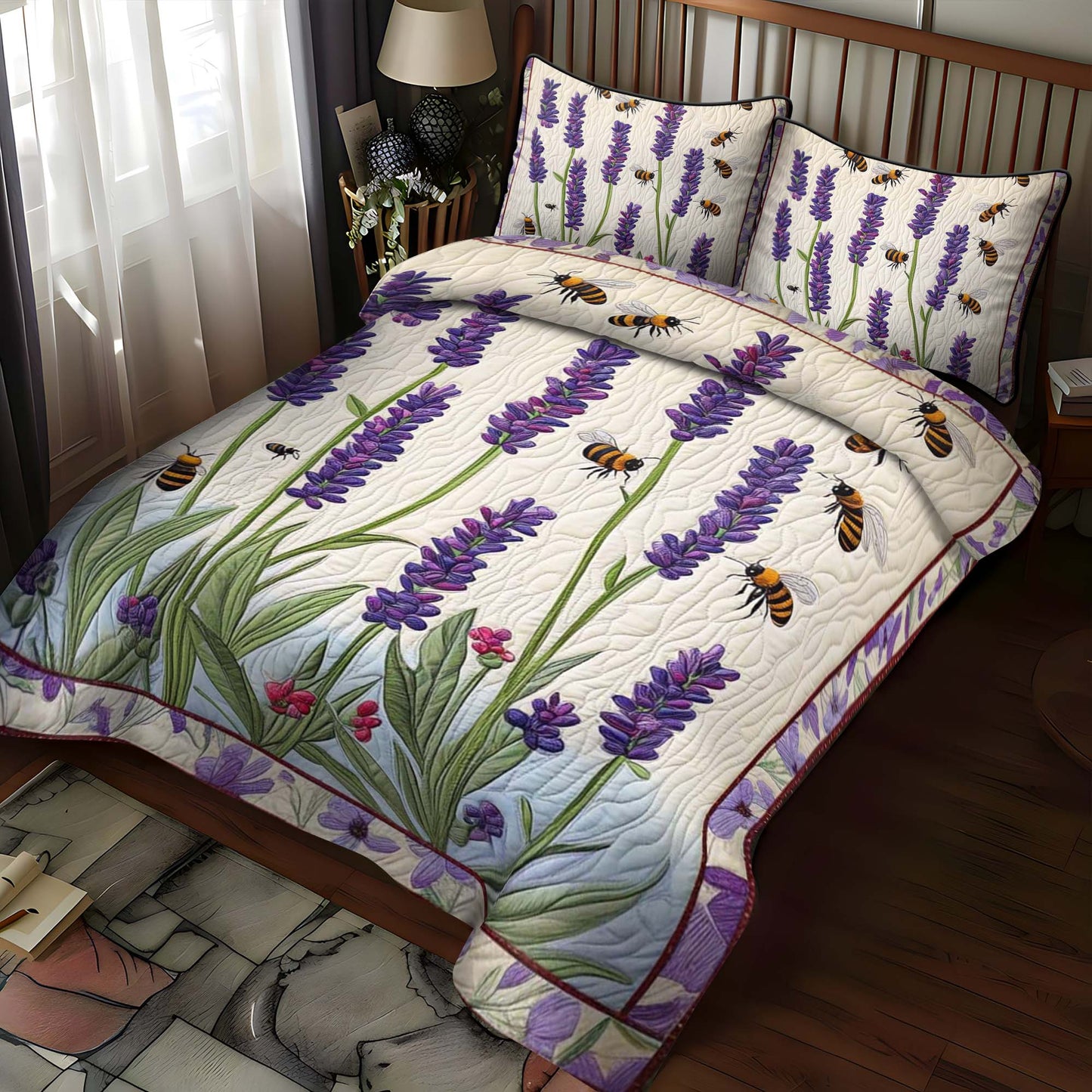 Lavender Bees Dance 3-Piece Quilted Bedding Set NCU0NT1071