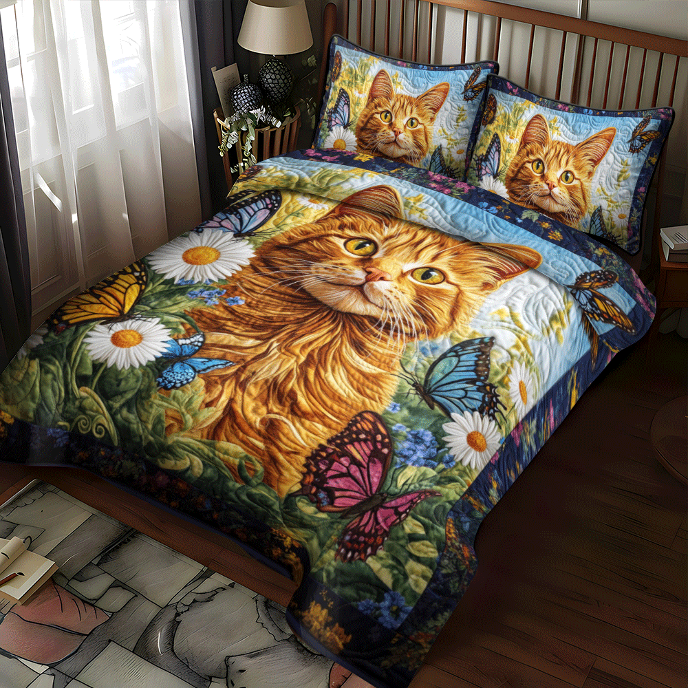 Orange Cat With Butterflies 3-Piece Quilted Bedding Set NCU0PD623