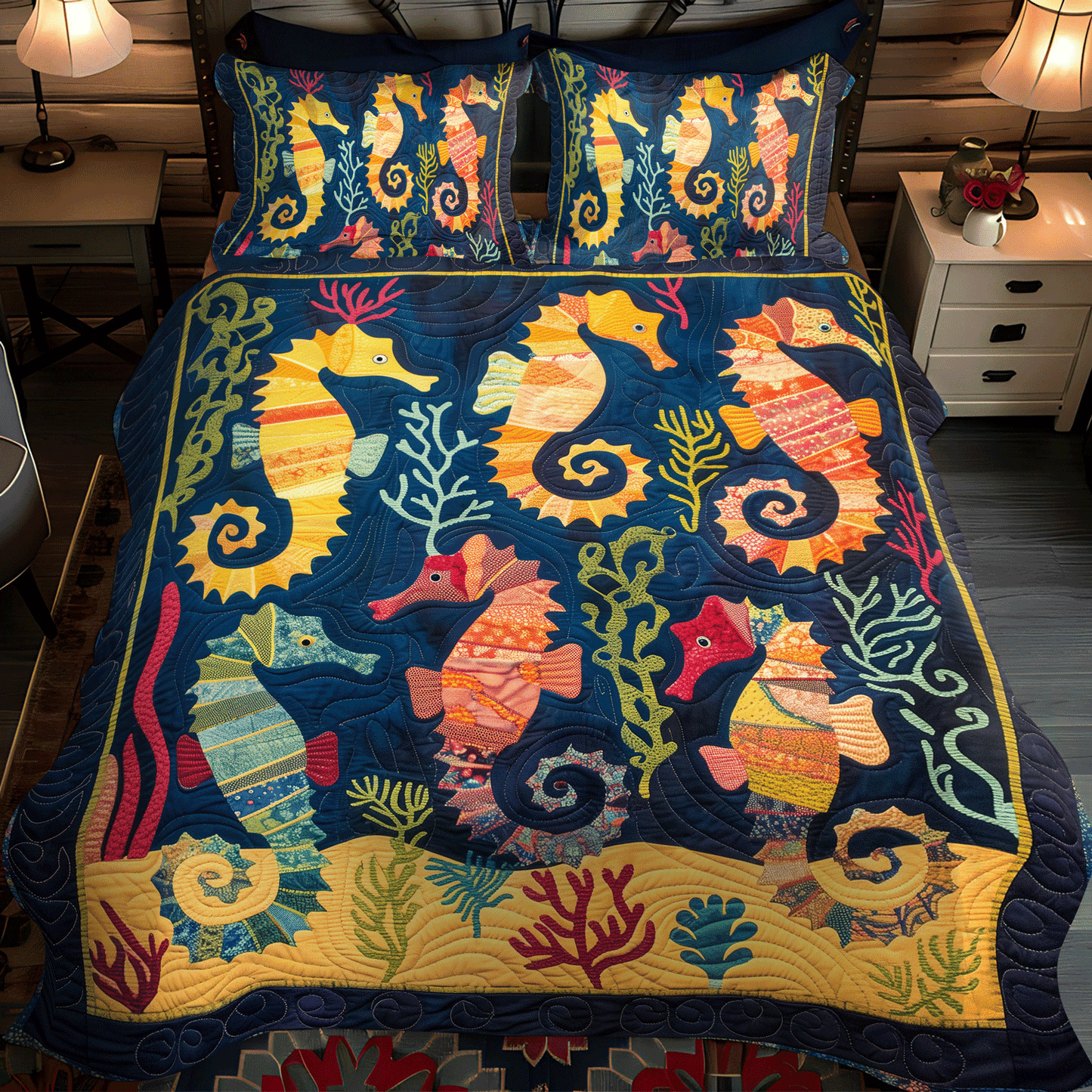Seahorse Dance 3-Piece Quilted Bedding Set NCU0TH1263