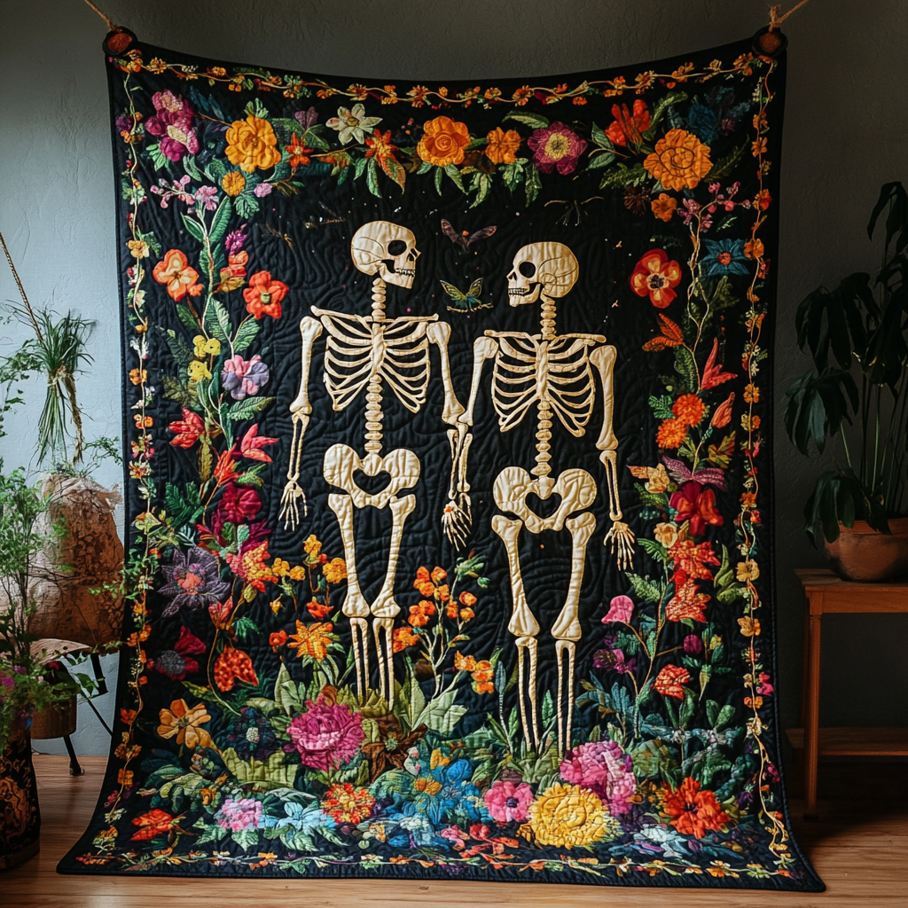 Dancing Skeleton Floral Quilted Blanket NCU0PD566