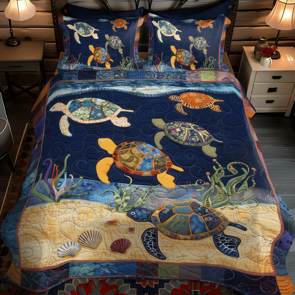 Vibrant Turtle Night 3-Piece Quilted Bedding Set NCU0TH1347