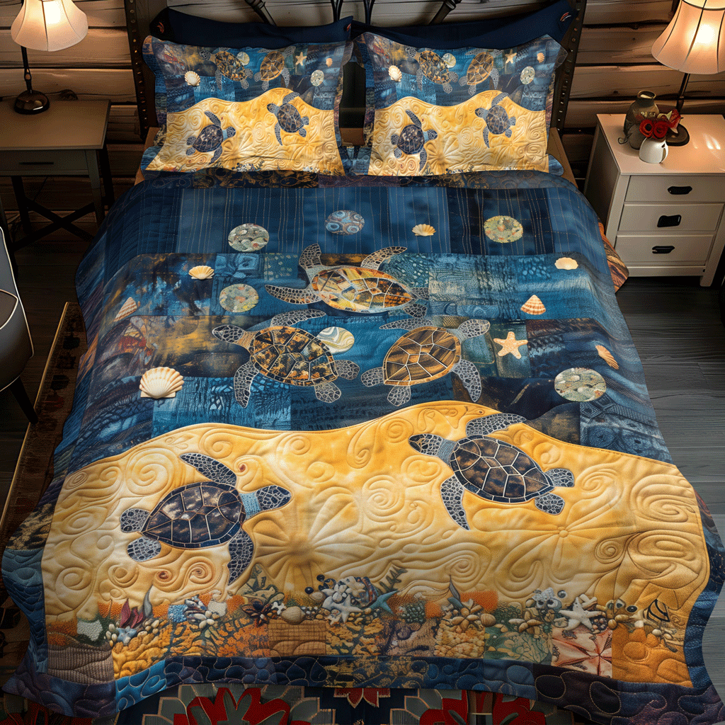 Whimsical Turtle Sea 3-Piece Quilted Bedding Set NCU0TH1344