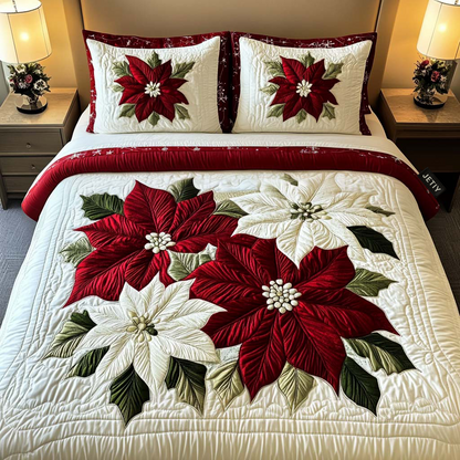 Winter Poinsettia Magic 3-Piece Quilted Bedding Set NCU0NT1917