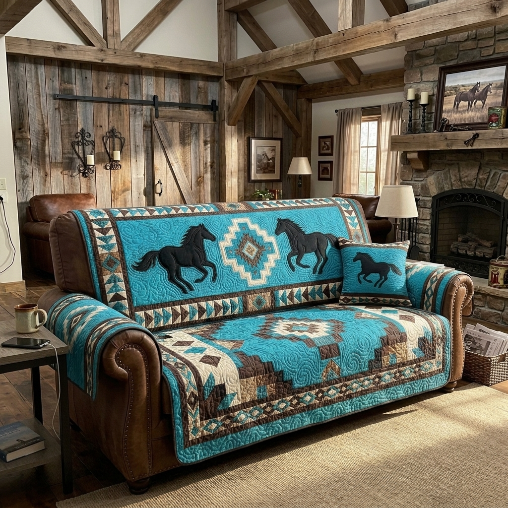 Turquoise Mustang Quilted Sofa Cover NCU0NTV1113