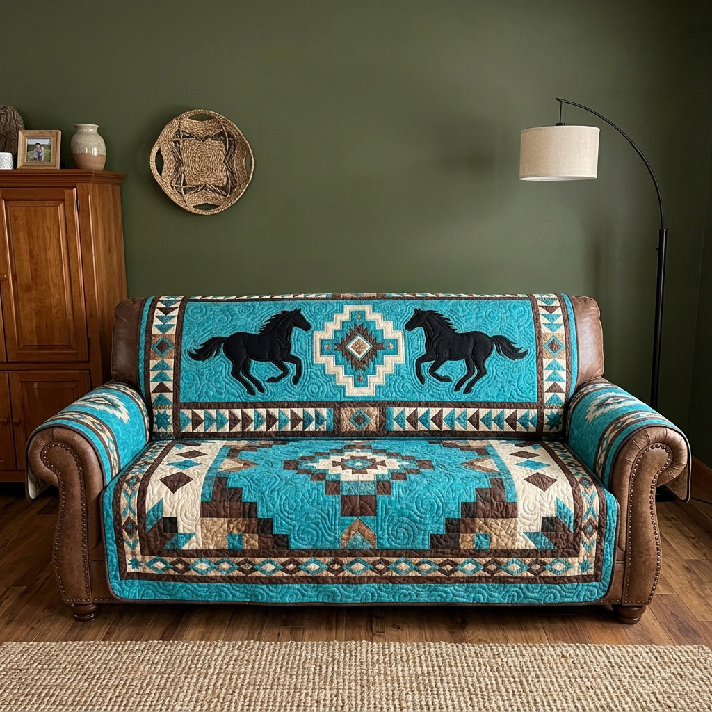 Turquoise Mustang Quilted Sofa Cover NCU0NTV1113