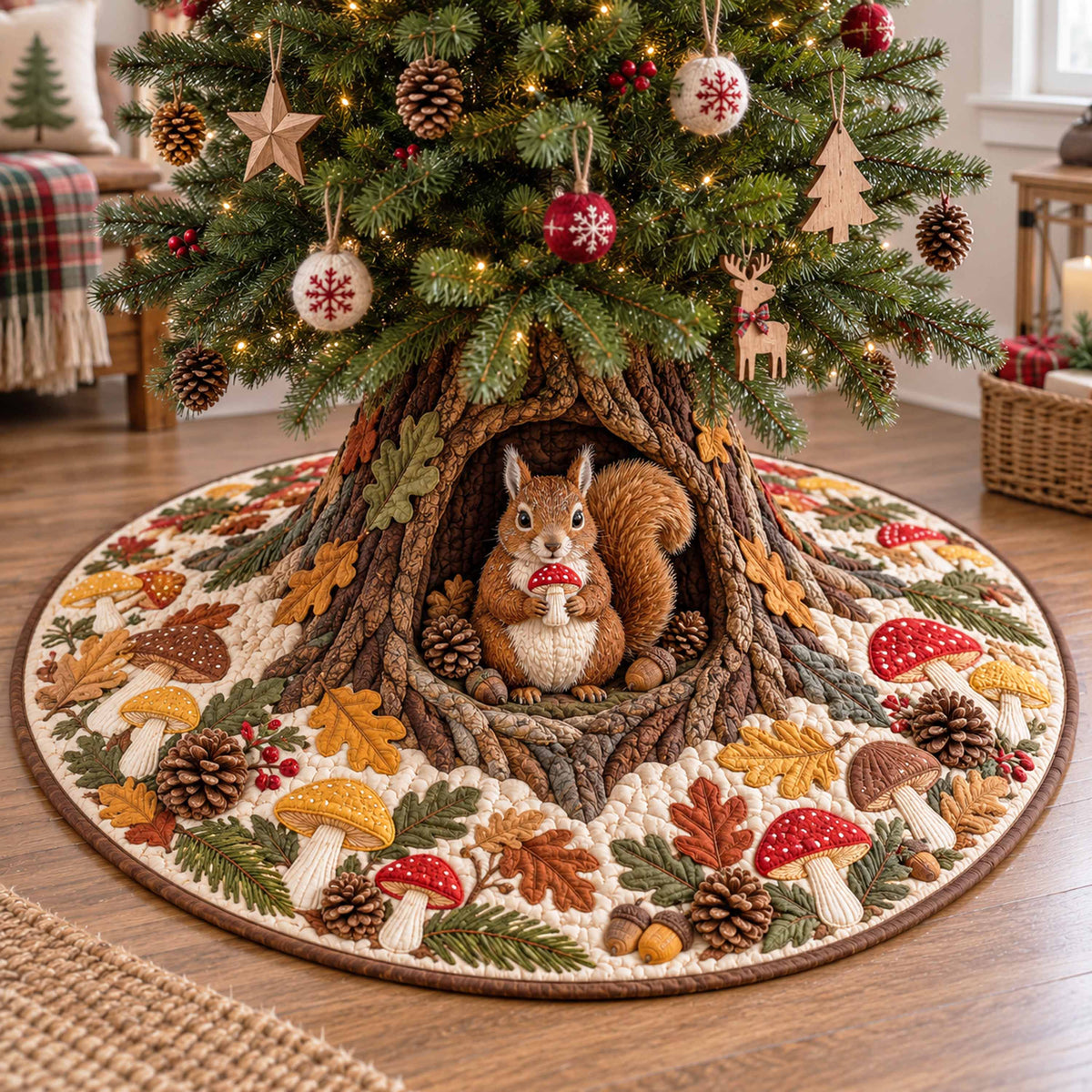Acorn Squirrel Christmas Quilted Tree Skirt NCU0NTD2267