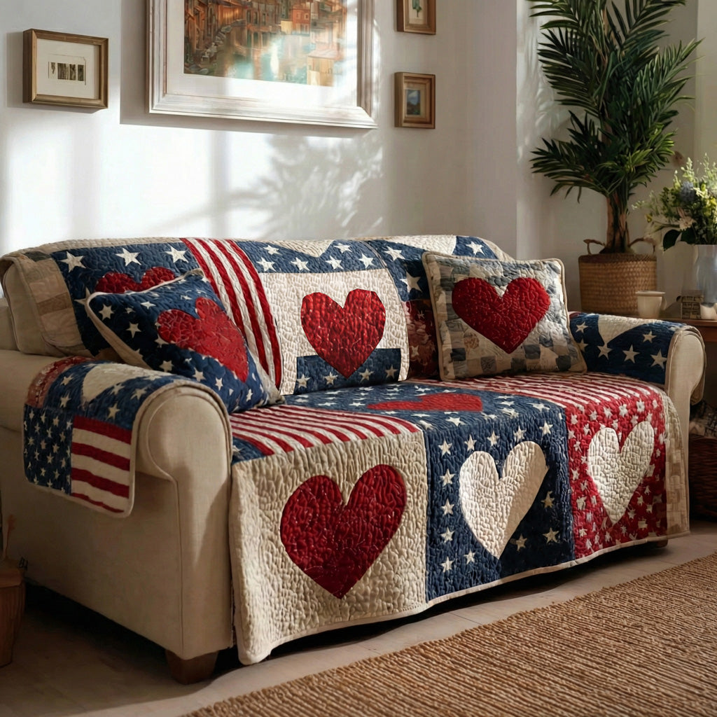 Americana Hearts Quilted Sofa Cover NCU0LDH490