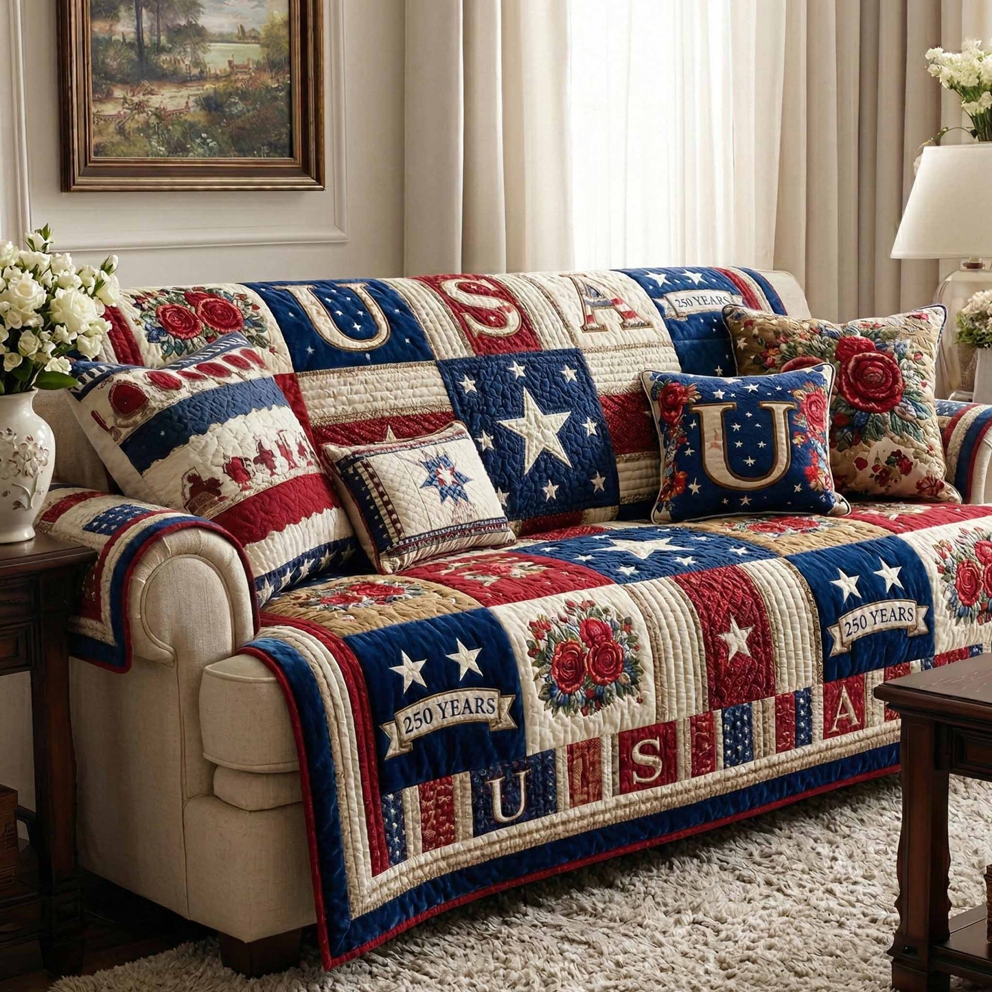 Americana Patch Quilted Sofa Cover NCU0NXD1643