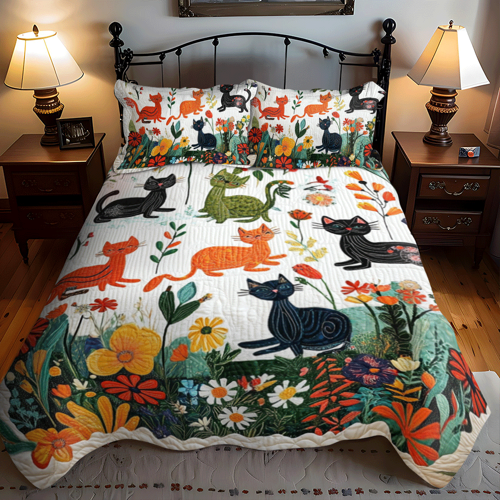 Artistic Cat-Themed 3-Piece Quilted Bedding Set NCU0PD639