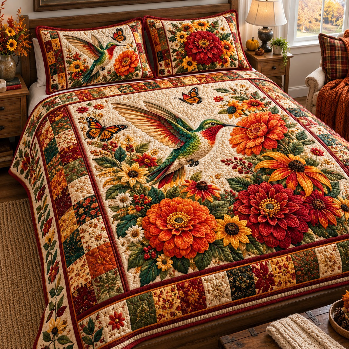 Autumn Zinnia Hummingbird 3-Piece Quilted Bedding Set NCU0NTD2430