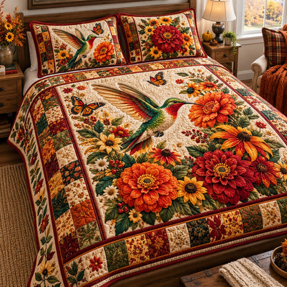 Autumn Zinnia Hummingbird 3-Piece Quilted Bedding Set NCU0NTD2430