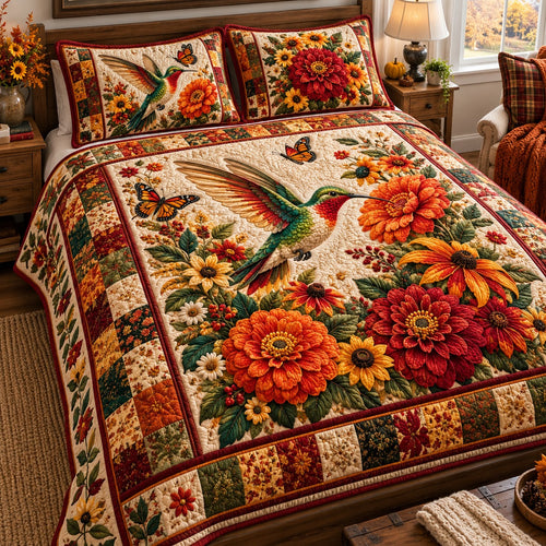 Autumn Zinnia Hummingbird 3-Piece Quilted Bedding Set NCU0NTD2430