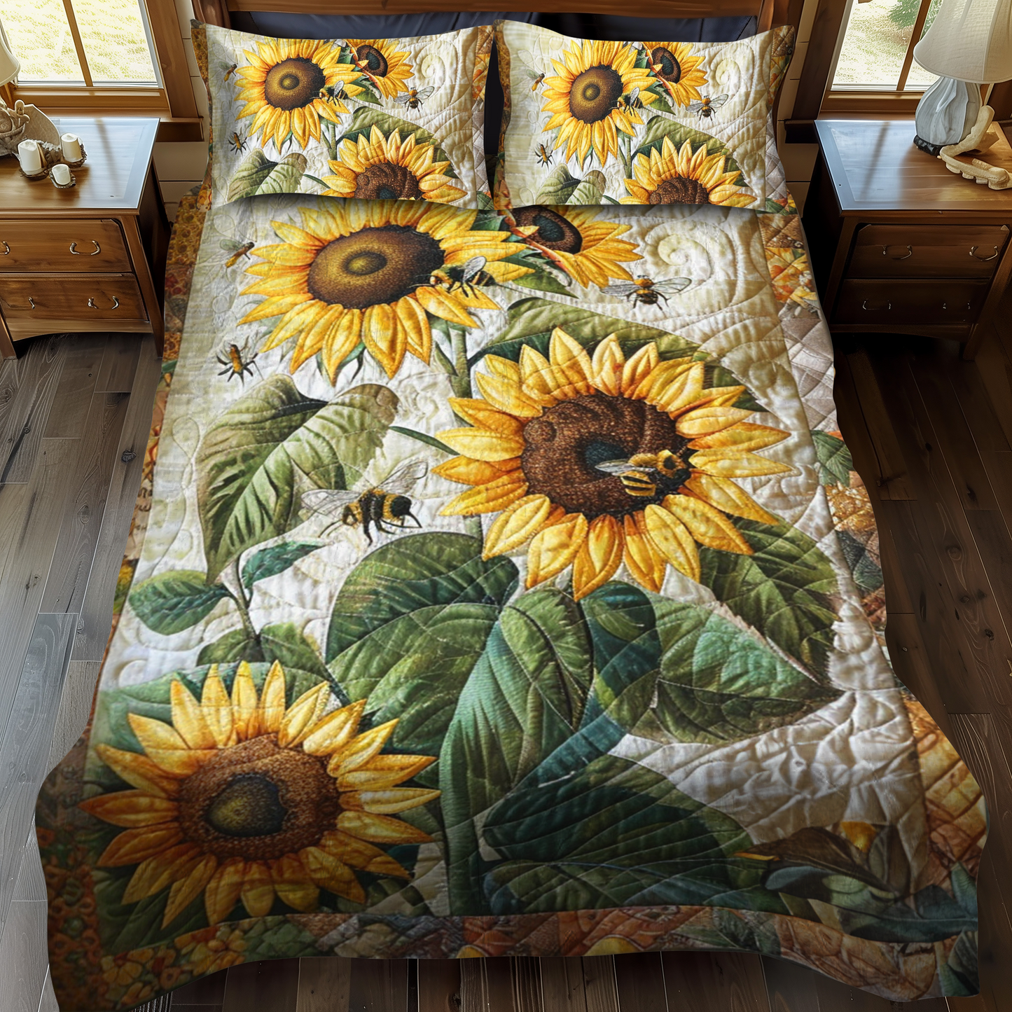 Bee-Flower Serenade 3-Piece Quilted Bedding Set NCU0NT003