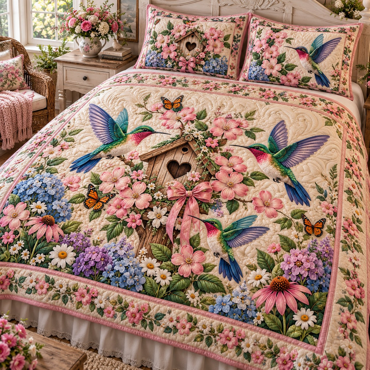 Birdhouse Spring Hummingbird 3-Piece Quilted Bedding Set NCU0NTD2432