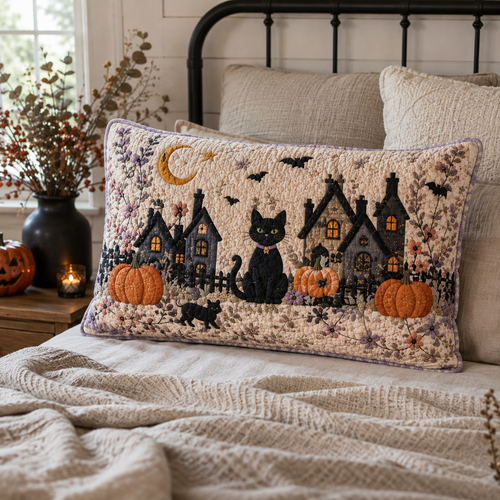 Black Cat Village Quilted Bedding Pillow Case NCU0DV2373