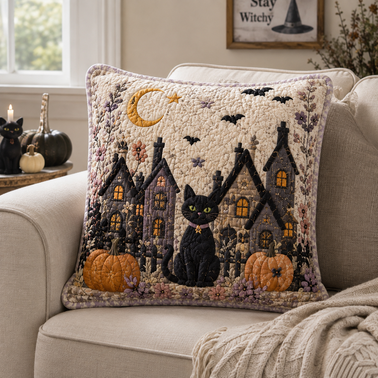 Black Cat Village Quilted Pillow Case NCU0DV2373