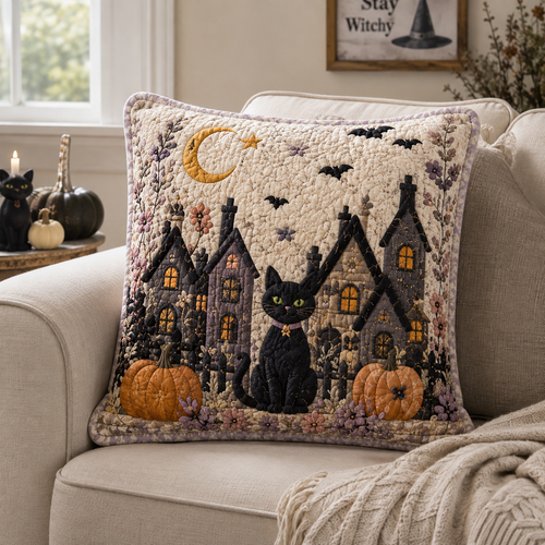 Black Cat Village Quilted Pillow Case NCU0DV2373