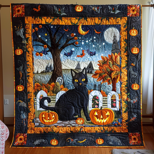 Black Cat Pumpkin Quilted Blanket NCU0PD248