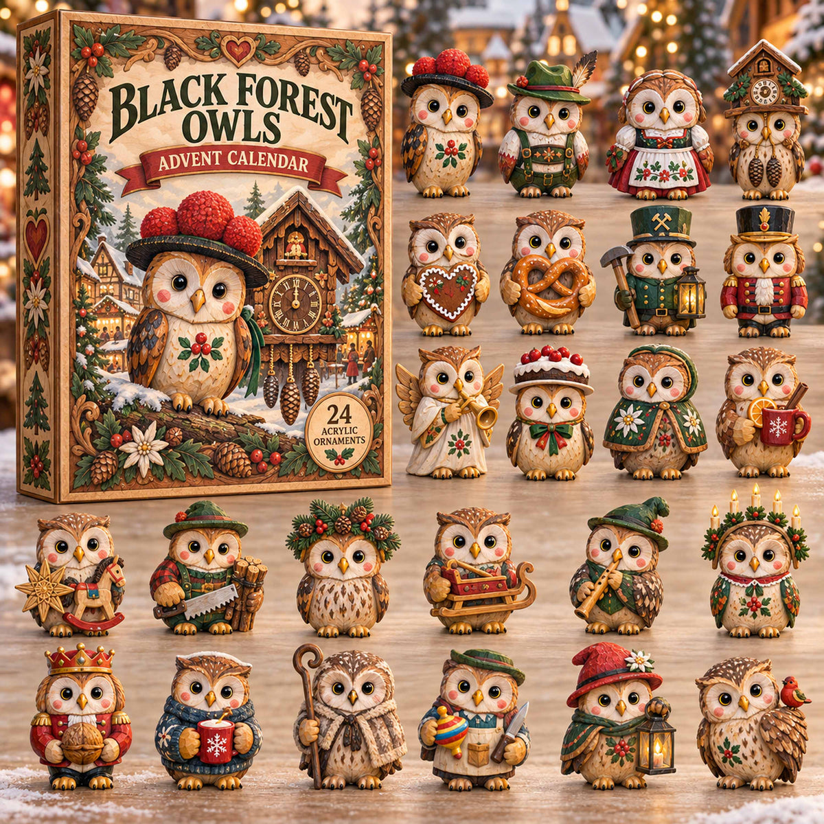 CHRISTMAS KICKOFF 40% OFF - Black Forest Owls Advent Calendar 2026 - 24-Day Festive Countdown, Acrylic Charms Blind Box - Gift For Family and Friends AC0TD020