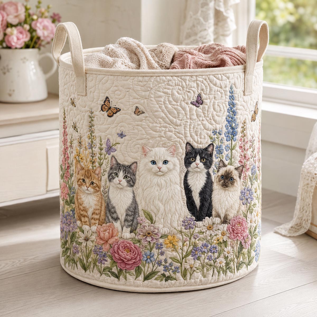 Blooming Cat Companions Quilted Laundry Basket NCU0DV2346