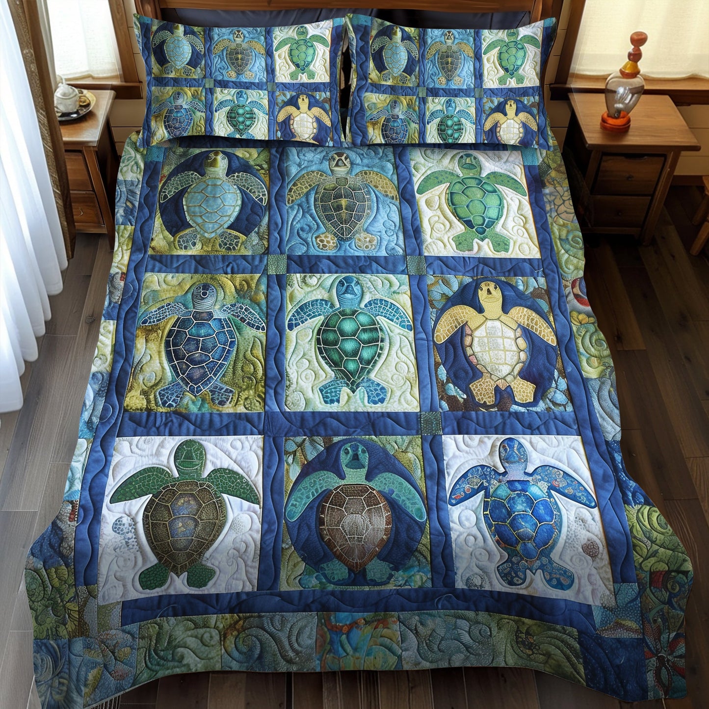 Blue Reef Turtle 3-Piece Quilted Bedding Set  NCU0TL483