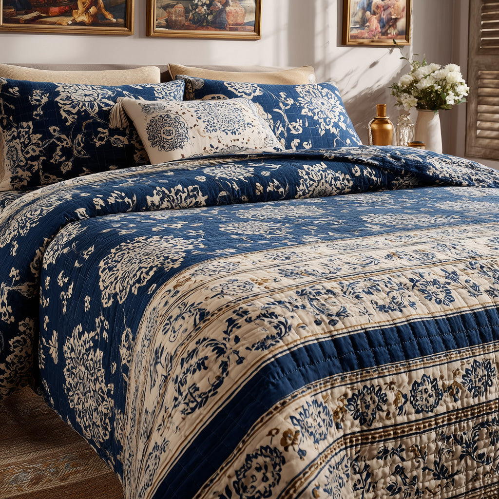 Blue Blockprint Quilted Blanket NCU0LDH706