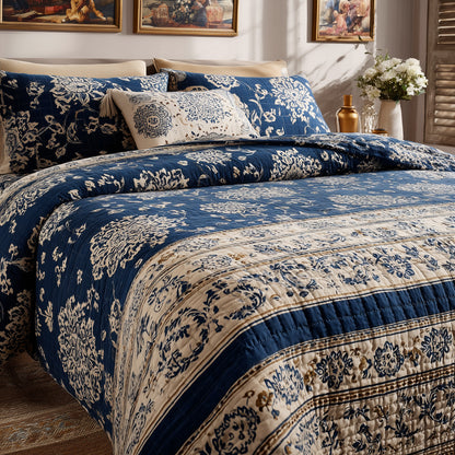 Blue Blockprint Quilted Blanket NCU0LDH706