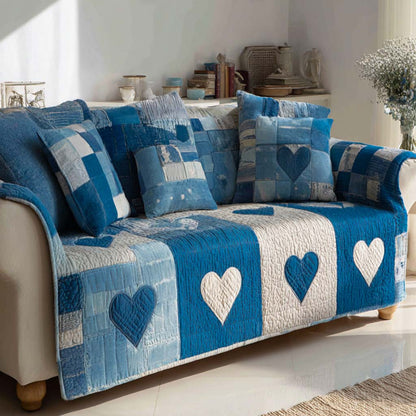 Blue Cottage Heart Quilted Sofa Cover NCU0NXD1384