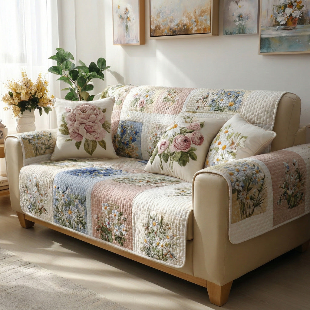 Blue Floral Panels Quilted Sofa Cover NCU0LDH736