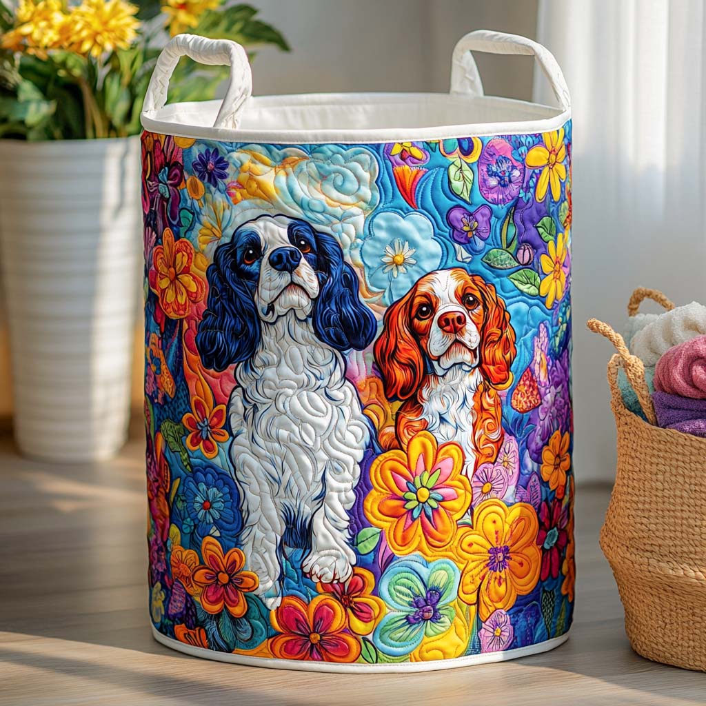 Blue Floral Pup Quilted Laundry Basket NCU0NXD788
