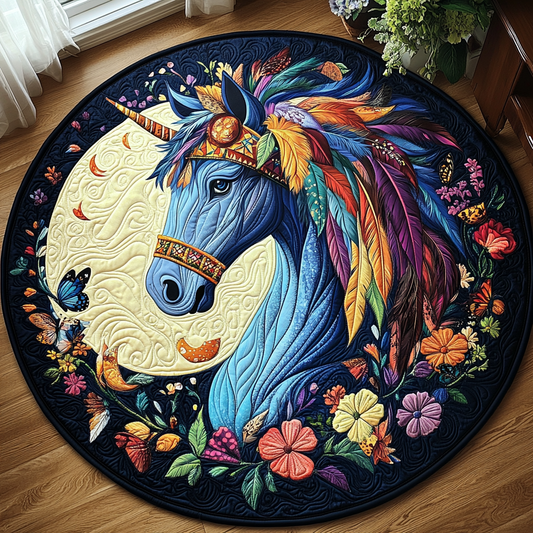 Blue Horse Themed Quilted Round Mat NCU0PD833