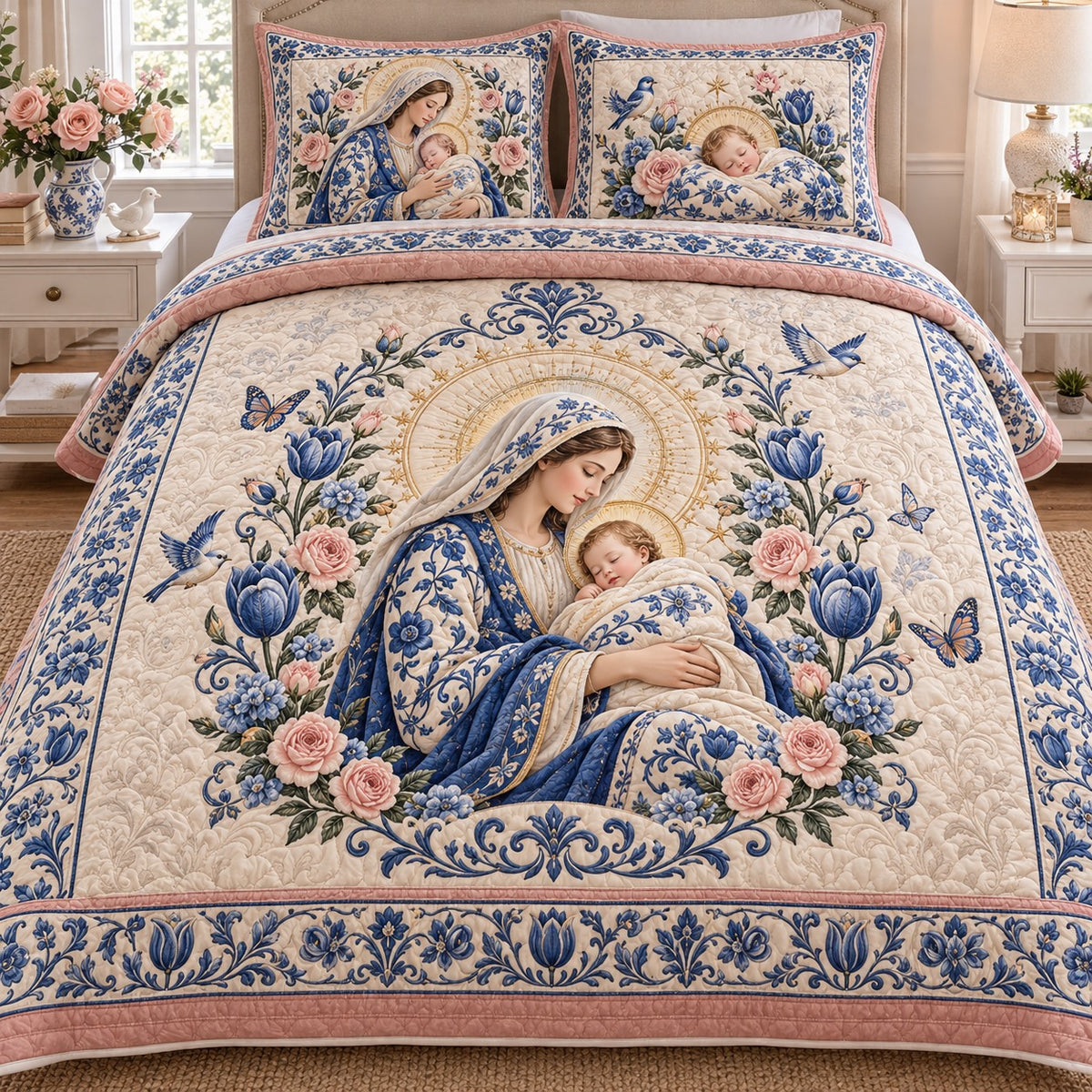 Blue Rose Madonna Quilted Bedding Set V2 NCU0NTD2387