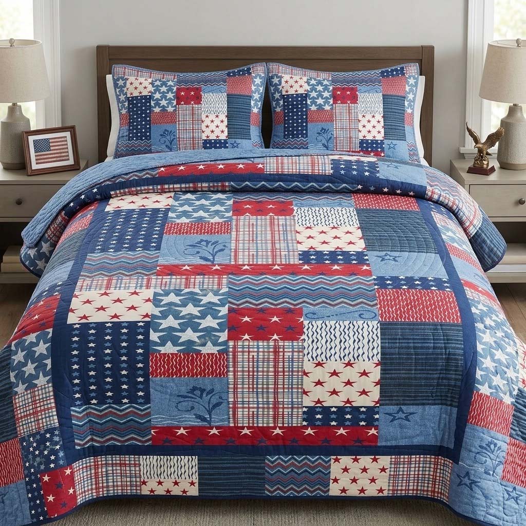 Blue Star Patch 3-Piece Quilted Bedding Set NCU0DQQ0612