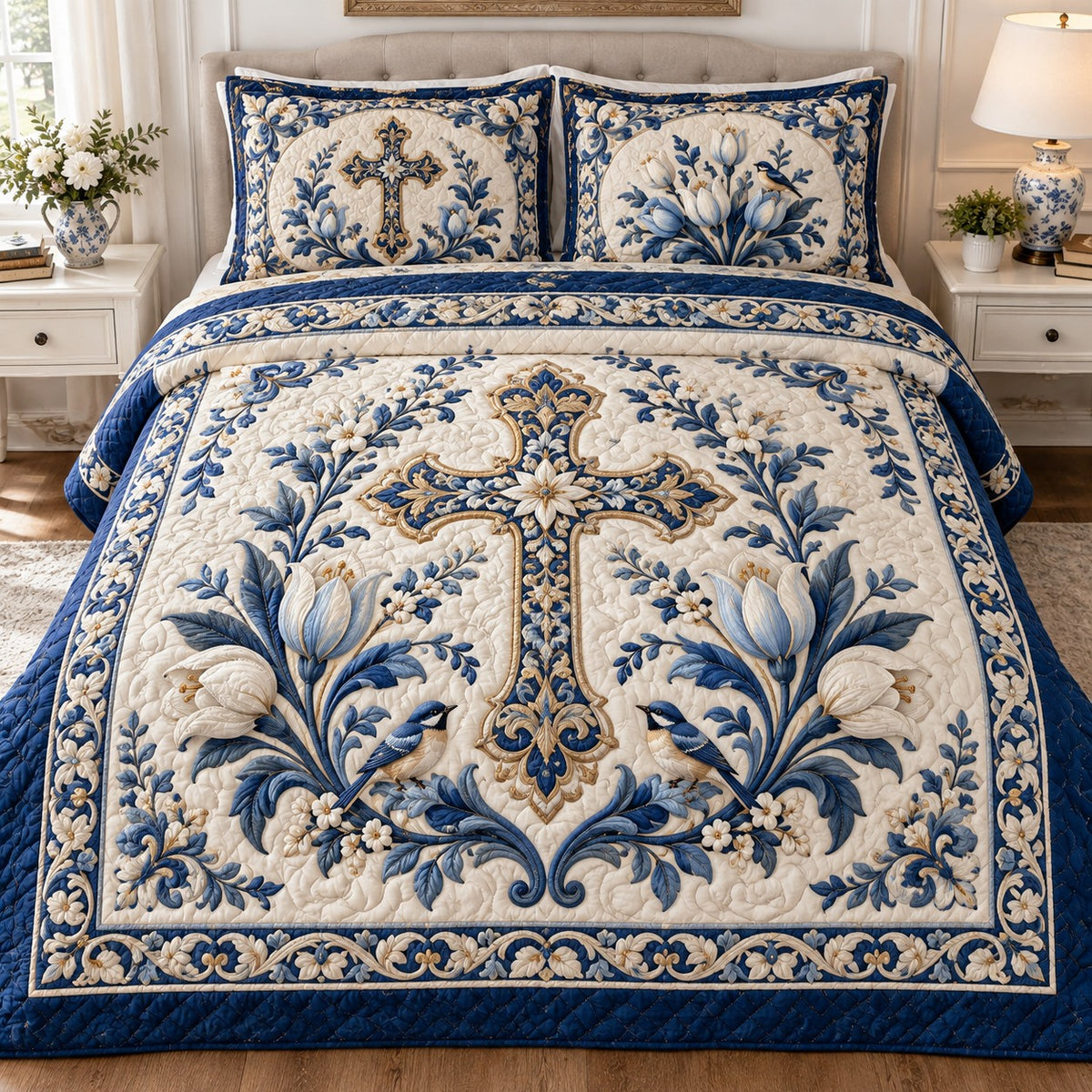 Blue Tulip Cross Quilted Bedding Set V2 NCU0NTD2380