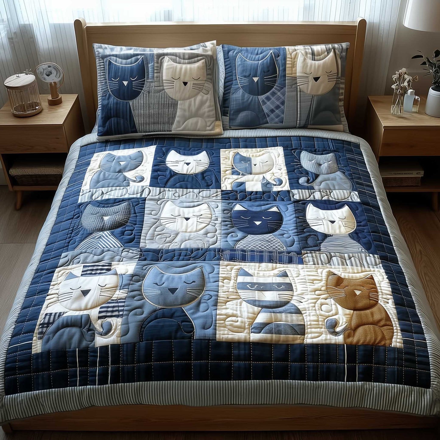 Blue Whisker Patchwork 3-Piece Quilted Bedding Set NCU0HTT172