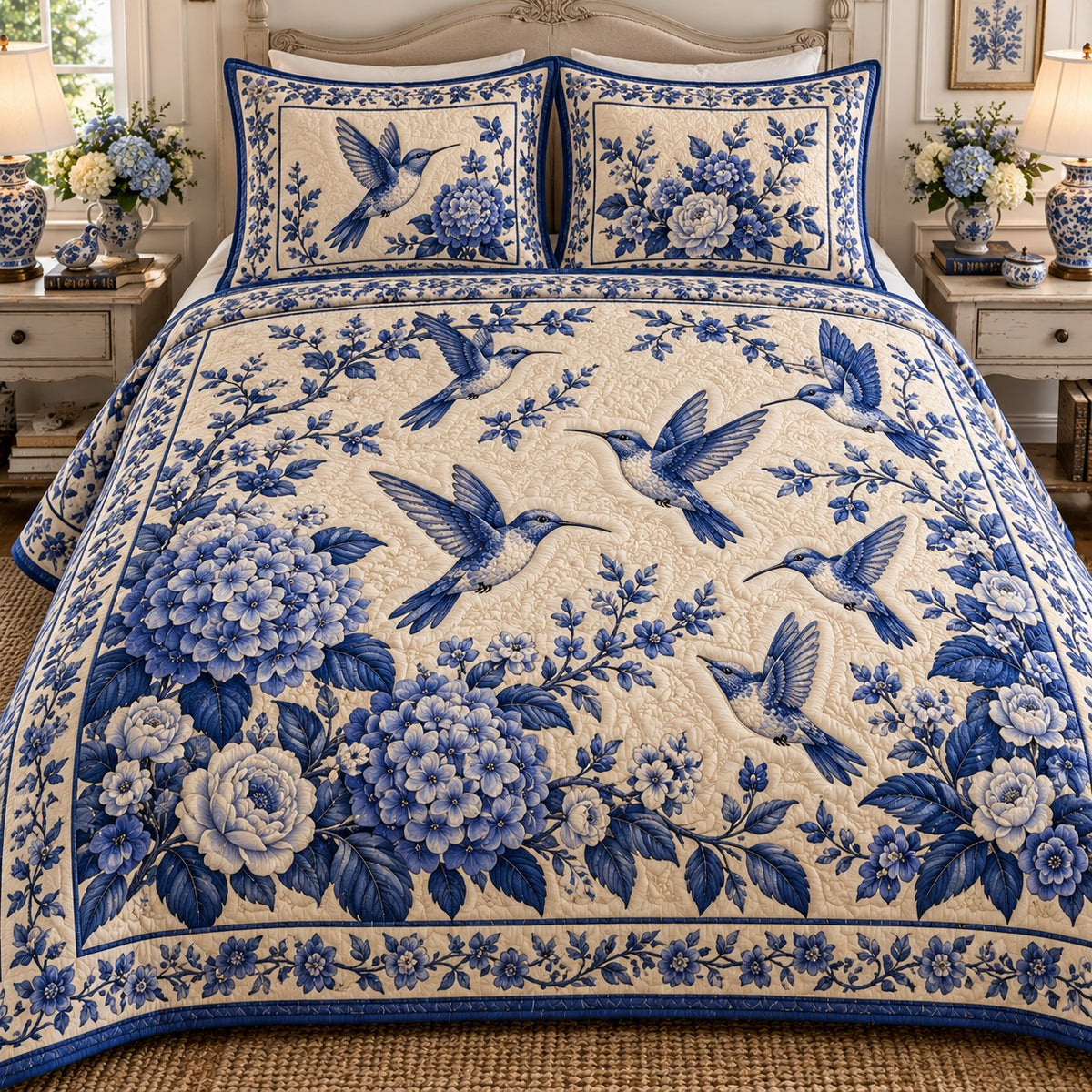 Blue Willow Hummingbird 3-Piece Quilted Bedding Set NCU0NTD2433