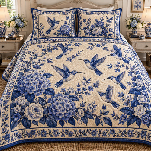 Blue Willow Hummingbird 3-Piece Quilted Bedding Set NCU0NTD2433