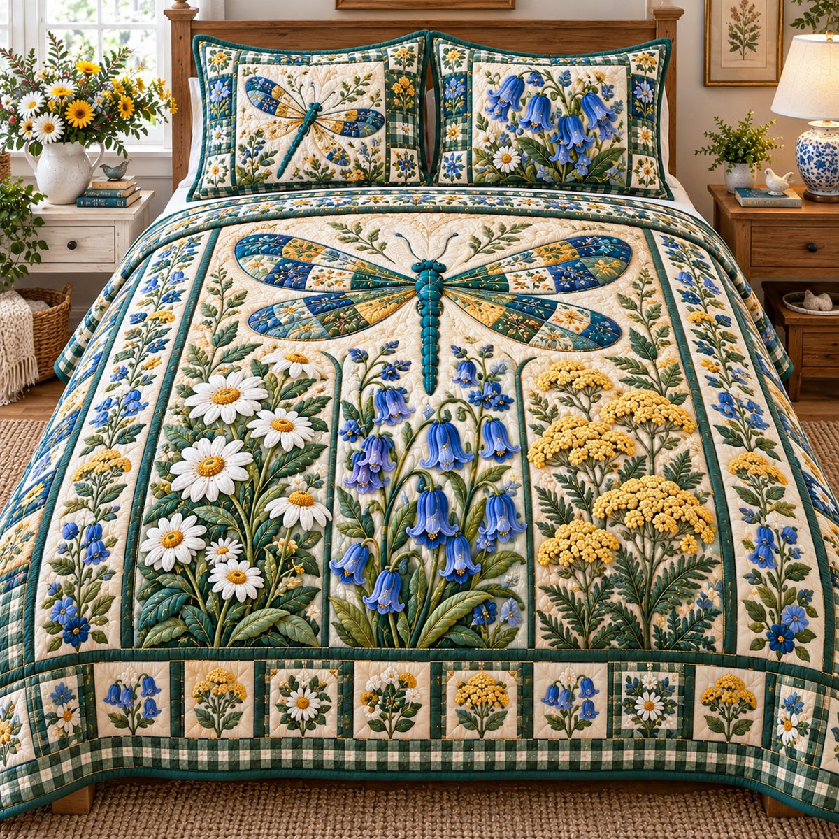 Bluebell Daisy Dragonfly 3-Piece Quilted Bedding Set NCU0NTD2447