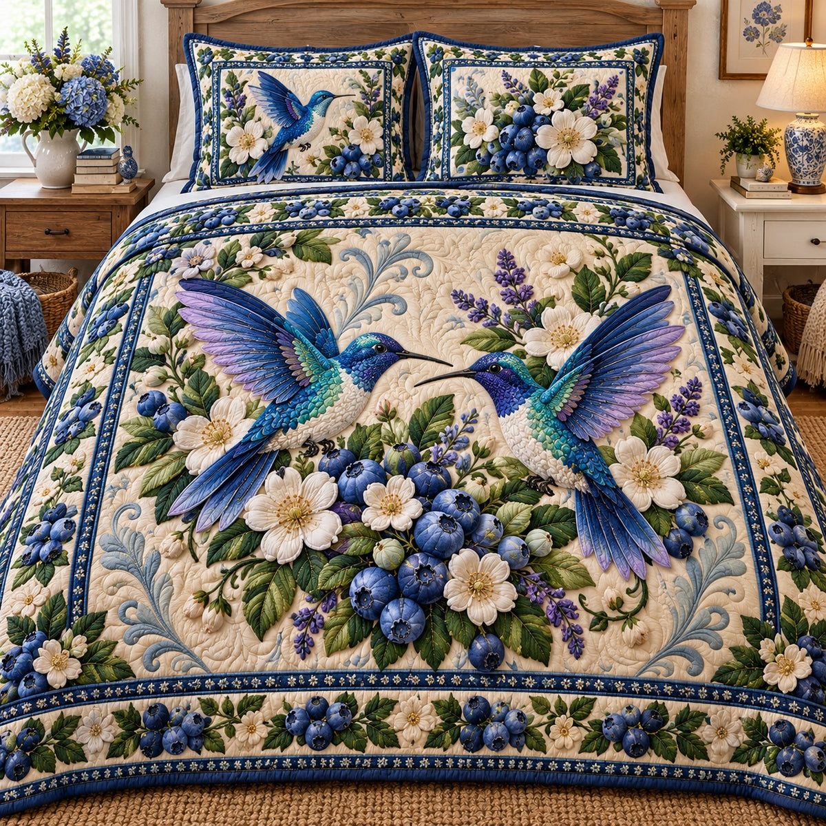 Blueberry Garden Hummingbird 3-Piece Quilted Bedding Set NCU0NTD2435