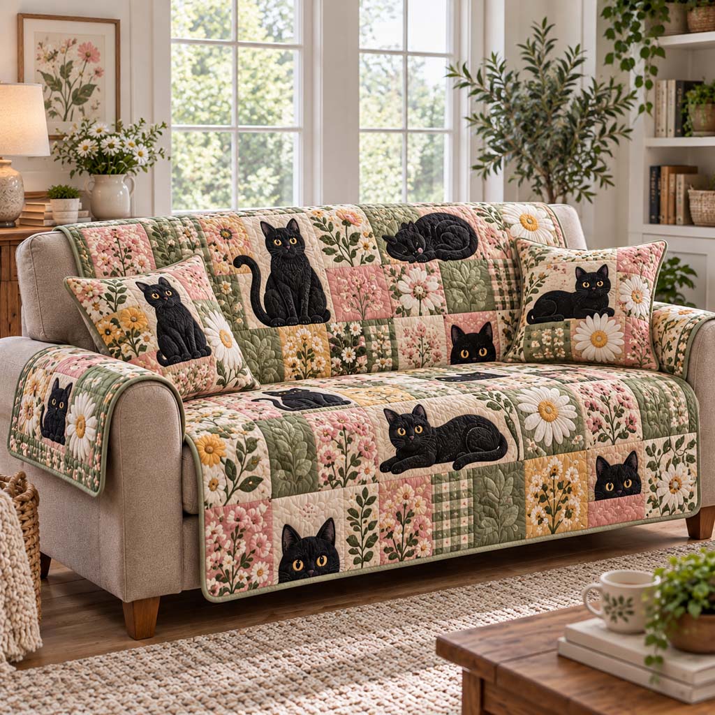 Blush Floral Cats Quilted Sofa Cover NCU0HNH1337