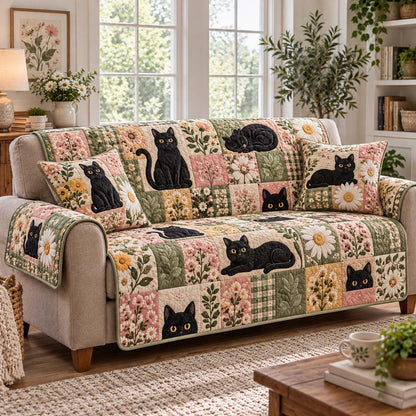 Blush Floral Cats Quilted Sofa Cover NCU0HNH1337