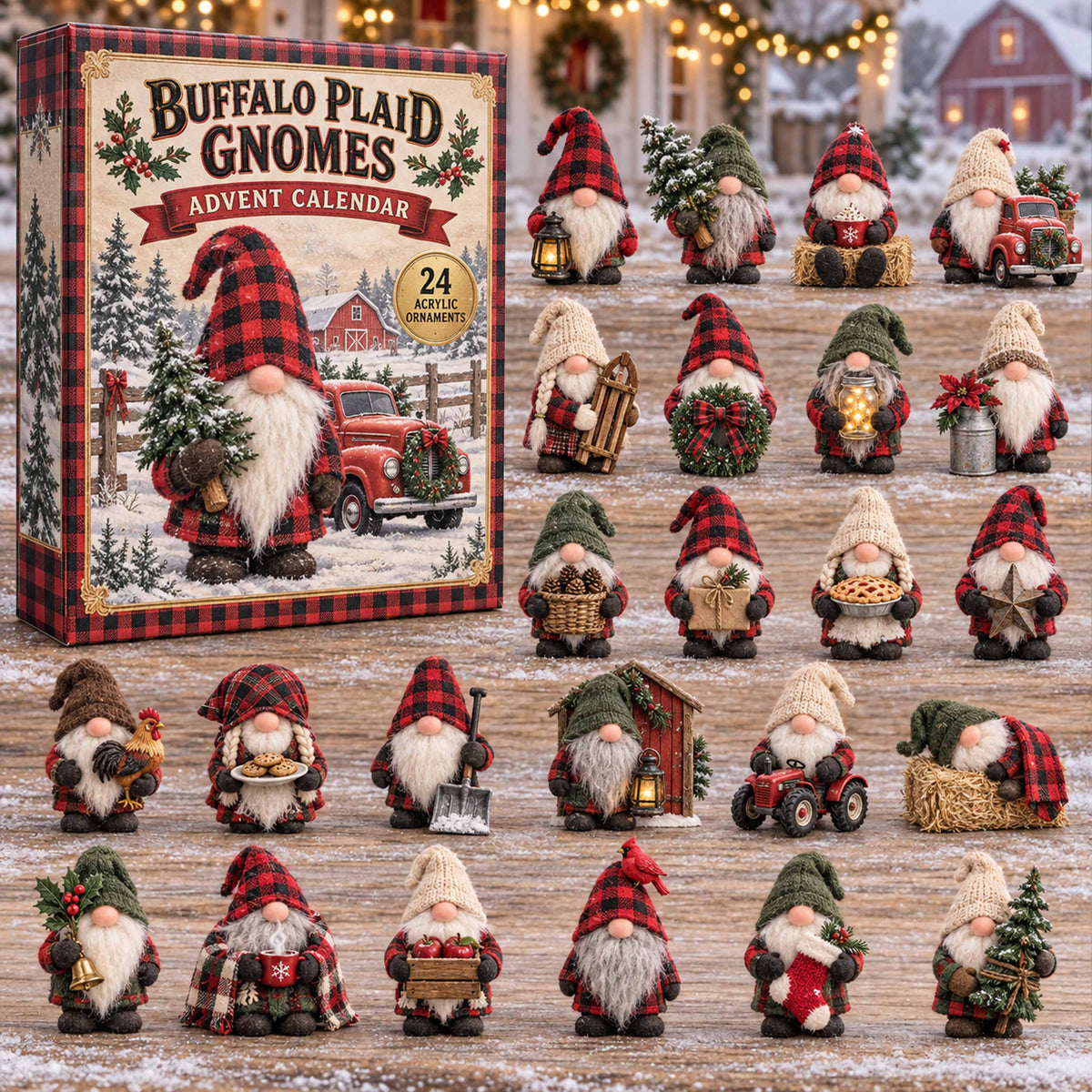 CHRISTMAS KICKOFF 40% OFF - Buffalo Plaid Gnomes Advent Calendar 2026 - 24-Day Festive Countdown, Acrylic Charms Blind Box - Gift For Family and Friends AC0TD055
