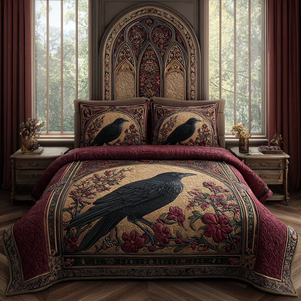 Burgundy Raven 3-Piece Quilted Bedding Set NCU0PVL901