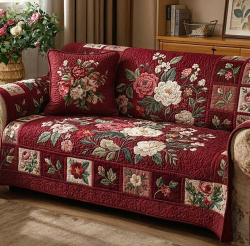 Burgundy Rose Garden Quilted Sofa Cover NCU0DQQ0477