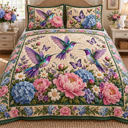 Butterfly Peony Hummingbird 3-Piece Quilted Bedding Set NCU0NTD2437